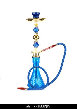 Hookah closeup isolated on white background with place for text. Hookah with blue and gold color. Stock Photo