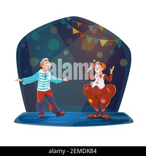 Big top circus clowns characters performing on stage. Two clowns with false noses, wearing sailor and tramp costumes, entertains audience with theatri Stock Vector