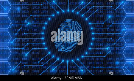 Fingerprint logo - abstract background in blue of 4-digit binary code behind information connecting lines between honeycomb elements Stock Photo