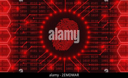 Fingerprint logo - abstract background in red of 4-digit binary code behind information connecting lines between honeycomb element - security scanning Stock Photo