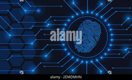 Fingerprint logo between information connecting lines - abstract background in blue of blurred honeycomb elements - security scanning Stock Photo
