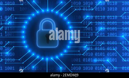 Padlock logo - abstract background in blue of 4-digit binary code behind glowing information connecting lines - cyber security and information concept Stock Photo