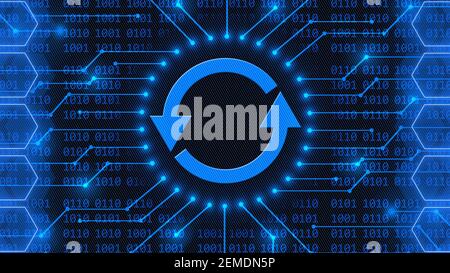 UPDATE sign - abstract background of 4-digit binary code behind information connecting lines between honeycomb elements - Software Update Computer Stock Photo