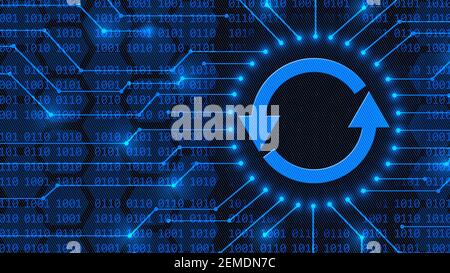 UPDATE sign between information connecting lines - abstract background of 4-digit binary code over blurred honeycomb elements - Software Update Stock Photo