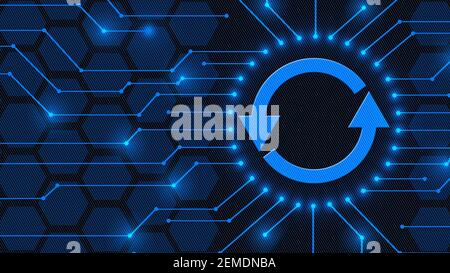 UPDATE sign between information connecting lines - abstract background of blurred honeycomb elements - Software Update Computer Program Stock Photo