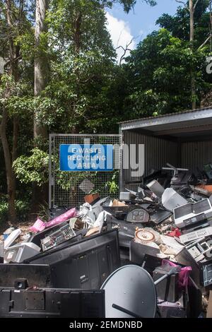 E-waste collection shed at rural Australian recycling centre. Old computers, screens, and assorted electronic waste. Stock Photo