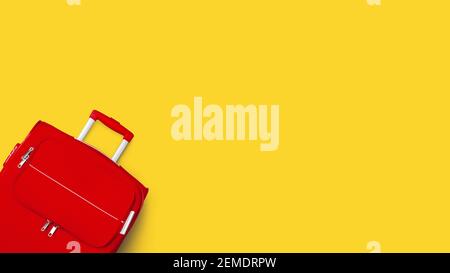 Travel banner, summer holidays, vacation concept, tourism, red suitcase, baggage, luggage, trolley bag closeup top view bright yellow background Stock Photo