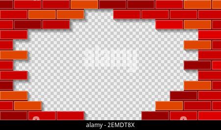 Red brick wall breaking through with hole. 3D vector illustration on transparent background. Stock Vector