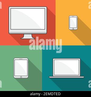 Gadget and device smartphones, tablets, laptops and computer with blank screen on color background. vector illustration eps10 Stock Vector