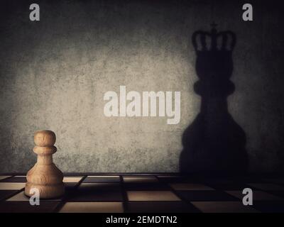 Surreal transformation of the pawn chess piece into a powerful king or queen. Motivation and self confidence metaphor, overcoming obstacles and achiev Stock Photo