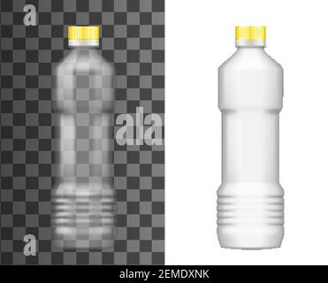 Plastic bottle, oil package, realistic empty mockup template, vector 3D. Sunflower, olive or corn oil bottle with yellow cap lid Isolated on transpare Stock Vector