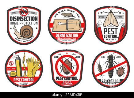 Pest control icons, insects disinfection, deratization and extermination service, vector signs. Insects and rodents pesto control, home disinfestation Stock Vector