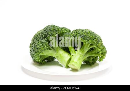 fresh eco-friendly broccoli on white plate Stock Photo