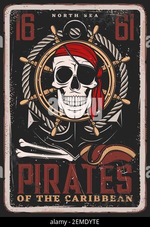 Pirate vintage poster, skull and ship achor, Caribbean pirate skeleton bones wih ship helm. Filibuster captain or corsair pirate skull in bandanna wit Stock Vector