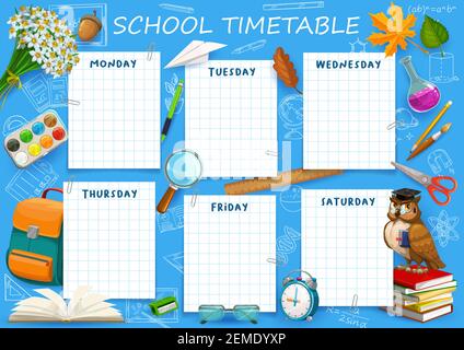 School timetable schedule template, weekly planner table, vector student calendar planner. Back to school design, education schedule organizer timetab Stock Vector