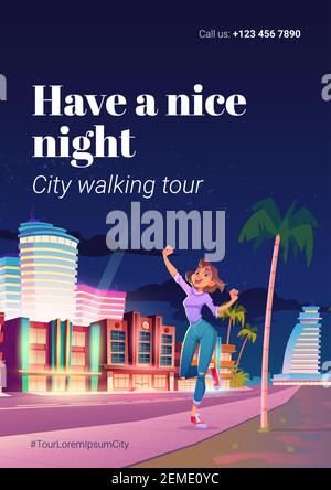 City walking tour poster. Travel concept, vacation with night walks. Vector flyer with cartoon illustration of happy woman tourist on street of town with buildings, palm tree and road at evening Stock Vector