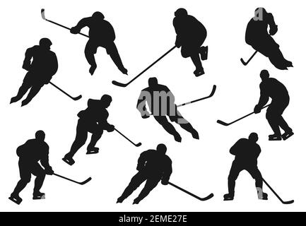 Ice hokey players silhouettes, sport team vector icons playing on ice rink arena. Ice hockey team players goalkeeper, forward, winger, referee and def Stock Vector