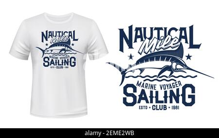 T-shirt print with marlin fish, vector mascot for sailing or fishing club. Sea creature on blue waves and Marine Voyager typography on white apparel m Stock Vector