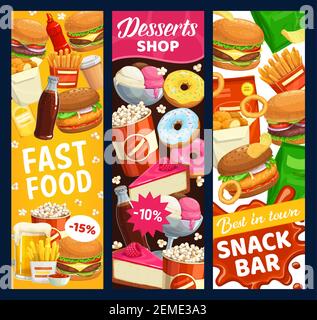 Fast food snack bar and desserts vector banners. Street meals burgers, donuts and popcorn, beer, french fries and soda drink. Chicken nuggets, cheeseb Stock Vector