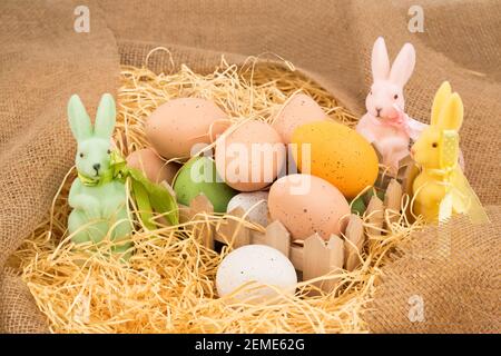 Easter colorful eggs in wooden box and three bunnies on straw and burlap background. Stock Photo