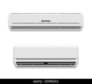 Air conditioners with cold or hot wind realistic vector mockup. Indoor units of conditioning split system or climate control 3d objects with horizonta Stock Vector