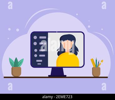 Remote work or studing during quarantine. Desktop computer and online video conference. Software for video conferencing and online communication. Mode Stock Vector