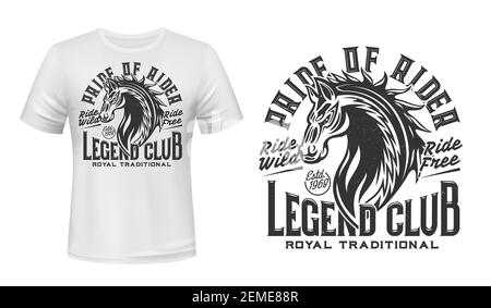 Horse riding club t-shirt vector print. Wild horse stallion head with waving mane engraved illustration and retro typography. Equestrian sport club ap Stock Vector