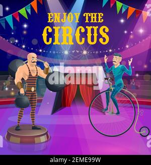 Circus poster with strongman and vintage bicycle rider vector characters. Top tent cartoon performers performing on big top arena. Circus show with ar Stock Vector