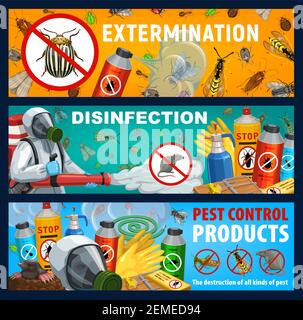 Disinsection vector banners, insect and rats control repellent products. Exterminator spraying insecticide with cold fogger against insects and rodent Stock Vector