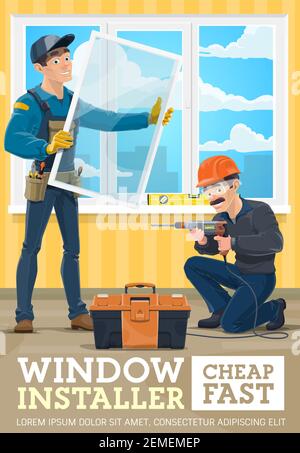 Window installer service banner. Construction workers in uniform, workman setting glass in window frame, handyman with toolbox and electric drill inst Stock Vector