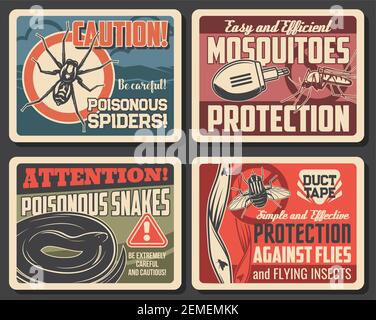 Mosquito and flies protection, snakes and spider danger vector signs. Disinsection repellents for insects and poisonous serpents. Fumigation tool elec Stock Vector