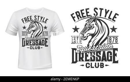 T-shirt print with horse stallion, equestrian sport, racing dressage club vector mascot. Mare animal, monochrome horse and free style typography on wh Stock Vector