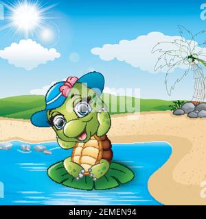 Vector illustration of Cartoon turtle on the beach Stock Vector