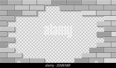 White brick wall breaking through with hole. 3D vector illustration on transparent background. Stock Vector
