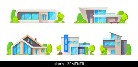 House building isolated icons, vector real estate cottage homes. Modern bungalow, villa and mansion exteriors with front doors, windows, roofs, garage Stock Vector