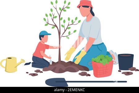 Family planting tree together flat color vector faceless characters Stock Vector