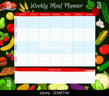 Weekly meal planner. Cartoon cabbage vegetables. Cooking daily schedule ...