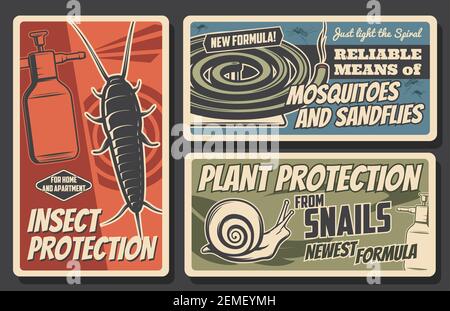 Insect and plant protection, pest control service, extermination repellents and house disinsection. Vector silverfish, snail and mosquito with sandfli Stock Vector