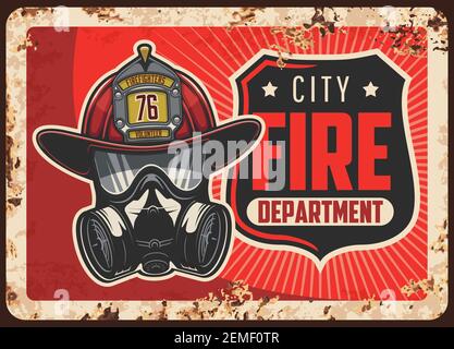 City fire department rusty metal plate. Firefighters helmet or leatherhead with badge, self-contained breathing apparatus or gas mask vector. Emergenc Stock Vector