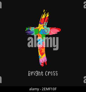 Cross concept in brushing style. Christian church vector logo. Colored crucifixion. Religious symbol and lettering concept. Abstract isolated graphic Stock Vector