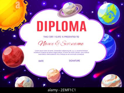 Kids diploma cartoon solar system and space planets. Education school ...