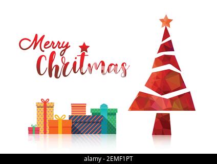 Merry christmas and happy new year fancy red xmas tree in hipster low poly triangle style. Gifts boxes Beautiful present box with bow. EPS10 vector. Stock Vector