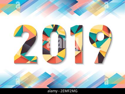 Abstract polygonal numbers for New Year 2019 with texture. Modern futuristic template for 2019 isolated on white background. Vector illustration. Stock Vector