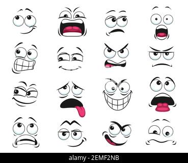 Cartoon face vector icon, gloat emoji with angry eyes and smirk smiling ...