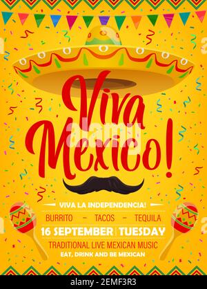 Viva Mexico, sombrero with mustaches vector icon for Mexican fiesta ...