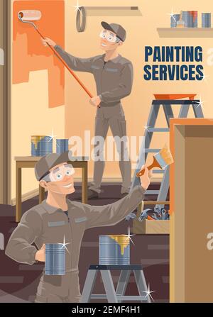 Wall painting service workers decorating room. Painters in uniform and safety goggles, using rolling and hand brush to paint wall vector. House constr Stock Vector