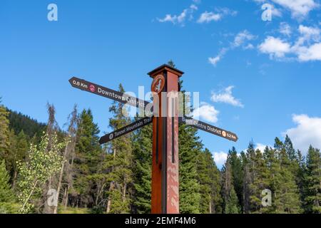 Town of Banff street signpost at Tunnel Mountain Trailhead. Banff National Park, Canadian Rockies. Stock Photo