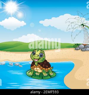 Vector illustration of Cartoon turtle on the beach Stock Vector