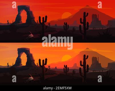 USA desert landscape vector backgrounds with Arizona or Western nature. Mexican saguaro cactuses and Wild West mountains, sunset and sunrise suns, roc Stock Vector