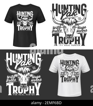 Bull yak hunting club t-shirt print mockup, vector wild animal head icon. Hunt trophy and hunter sport club mascot symbol of wild yak bull muzzle with Stock Vector